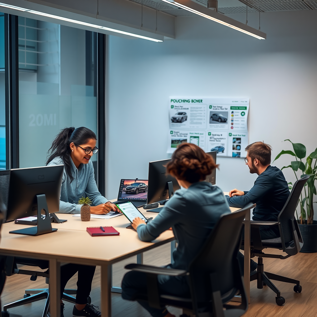 Equipo de Pouchingbom.com trabajando en las oficinas de Córdoba, Argentina, desarrollando contenido sobre vehículos eléctricos y movilidad sostenible