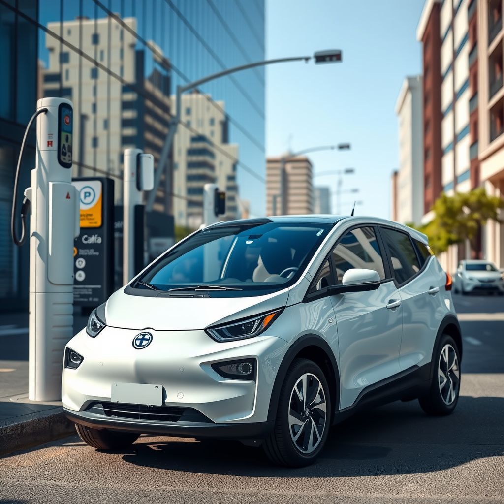 Primer vehículo eléctrico estacionado en una calle urbana de Buenos Aires, Argentina, con estación de carga visible al fondo, ambiente moderno y limpio, luz natural del día