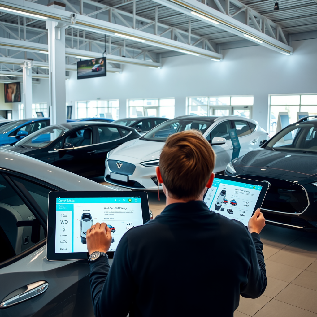 Persona analizando diferentes modelos de vehículos eléctricos en un concesionario moderno en Argentina, con folletos informativos y tablets mostrando especificaciones técnicas de autonomía y costos