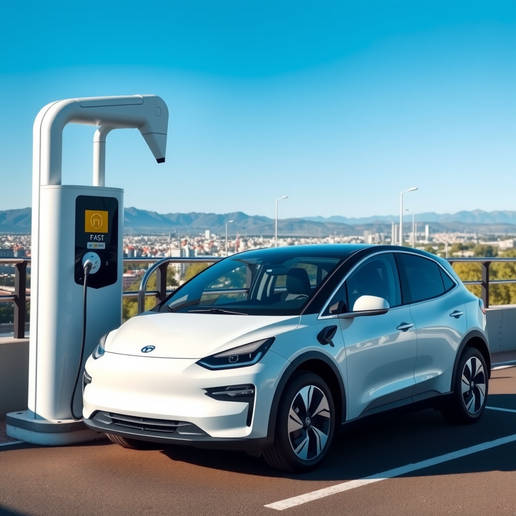 Vehículo eléctrico moderno de color blanco conectado a una estación de carga rápida en Argentina, con paisaje urbano de fondo y cielo azul despejado