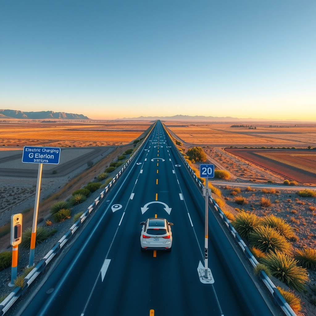 Vista panorámica de la Ruta Nacional 9 atravesando el paisaje argentino con señalización de estaciones de carga para vehículos eléctricos