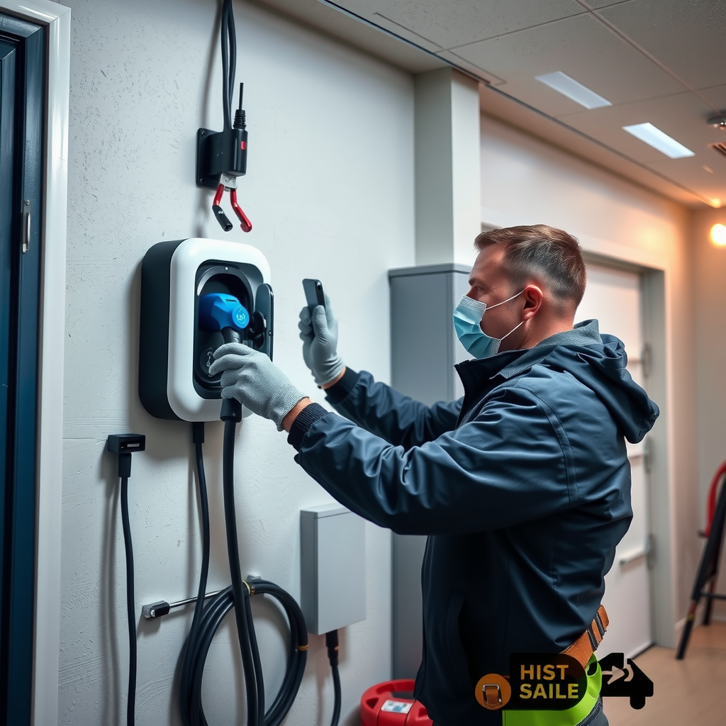 Técnico profesional instalando un cargador doméstico para vehículos eléctricos en una pared de garaje residencial, mostrando el proceso de instalación con herramientas y equipo de seguridad