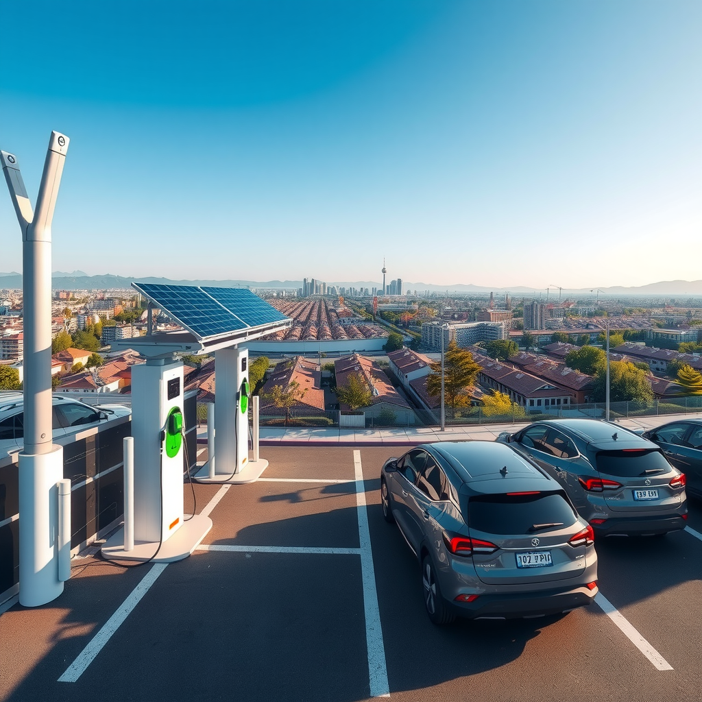Vista panorámica de una moderna electrolinera en Córdoba con múltiples puntos de carga para vehículos eléctricos, paneles solares en el techo y vehículos eléctricos conectados, con el paisaje urbano de Córdoba al fondo