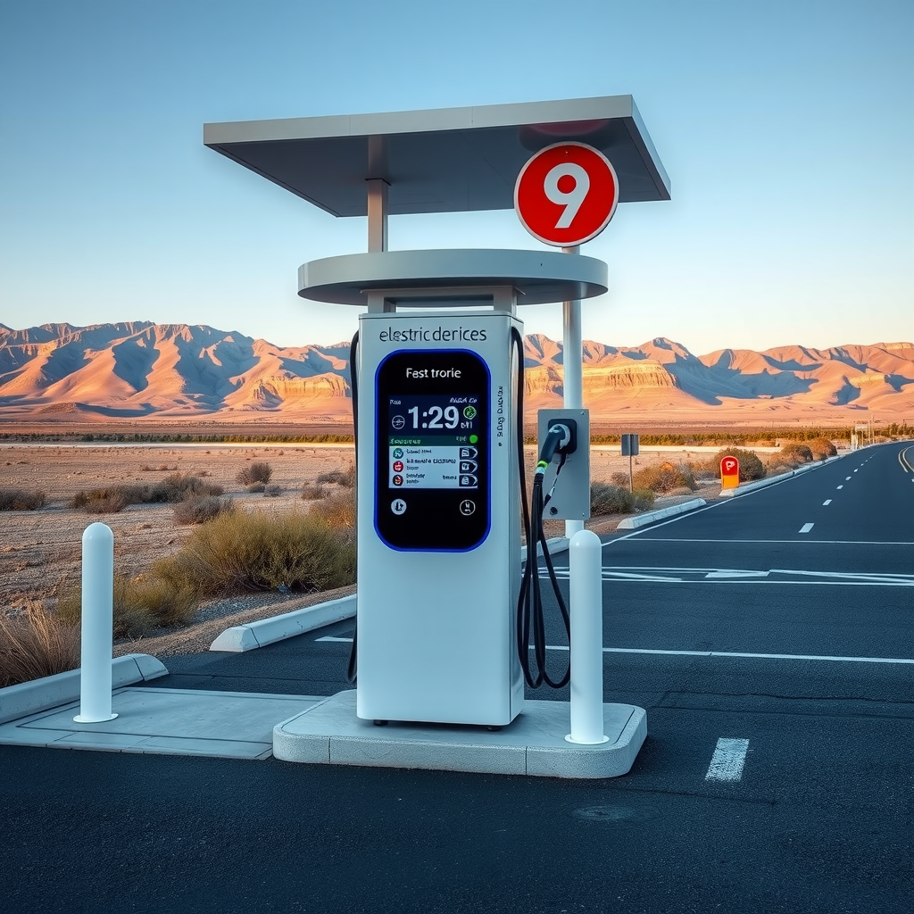 Estación de carga rápida para vehículos eléctricos ubicada en la Ruta Nacional 9, paisaje argentino con montañas al fondo, cielo despejado, infraestructura moderna de carga con múltiples conectores