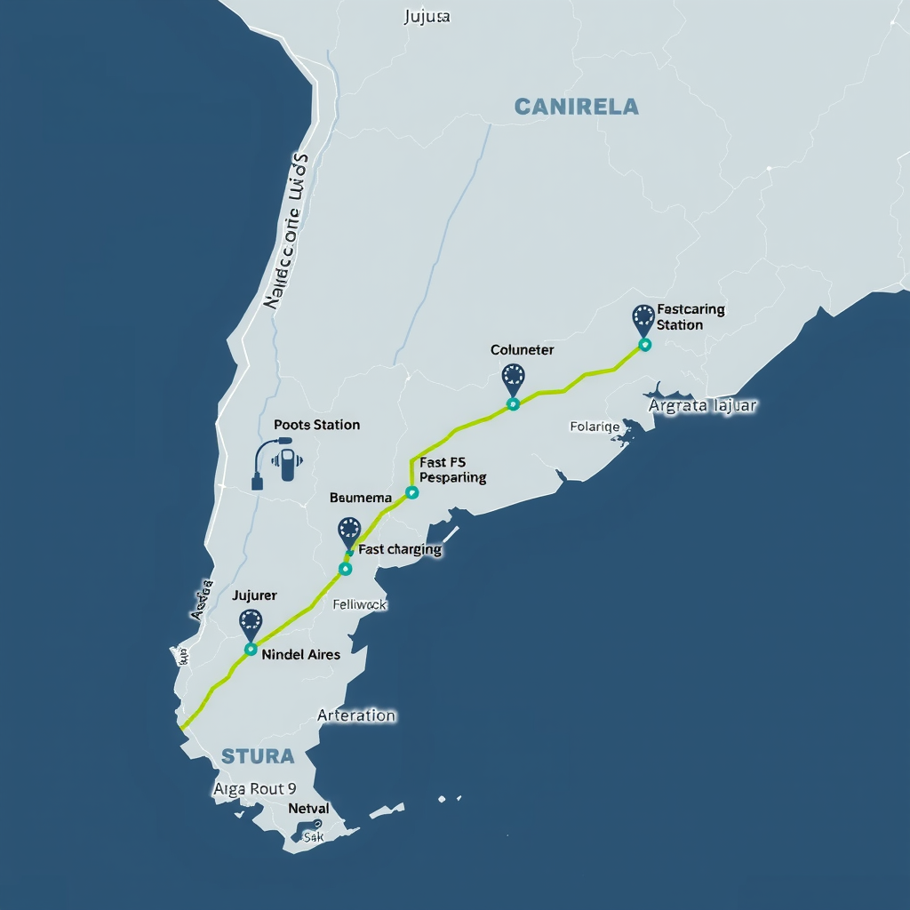 Mapa detallado de la Ruta Nacional 9 de Argentina mostrando ubicaciones de estaciones de carga rápida para vehículos eléctricos, con iconos de conectores y señalización moderna desde Buenos Aires hasta Jujuy