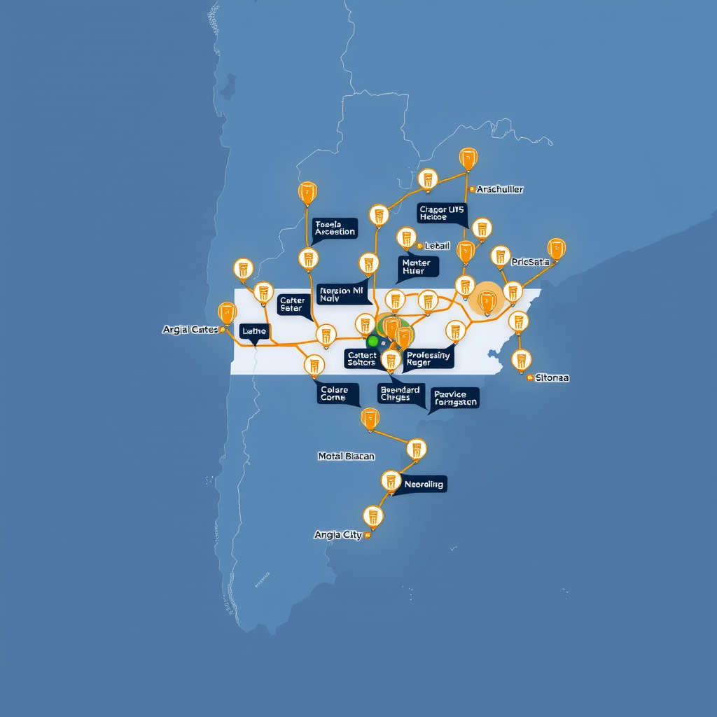 Mapa interactivo de Argentina mostrando la red de estaciones de carga para vehículos eléctricos distribuidas en principales ciudades y rutas, con iconos de cargadores rápidos y estándar