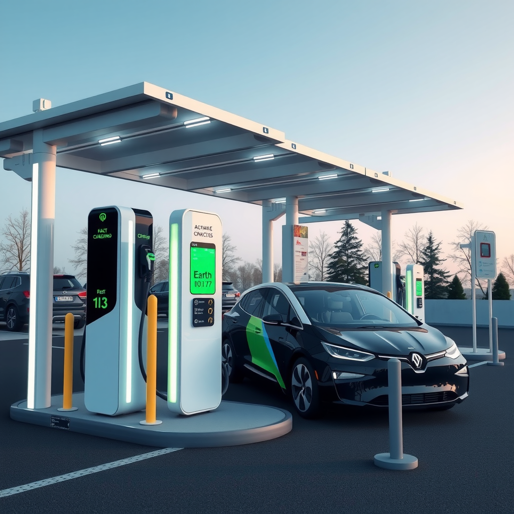 Estación de carga rápida moderna con múltiples conectores CCS y CHAdeMO, con techo solar y área de descanso para conductores
