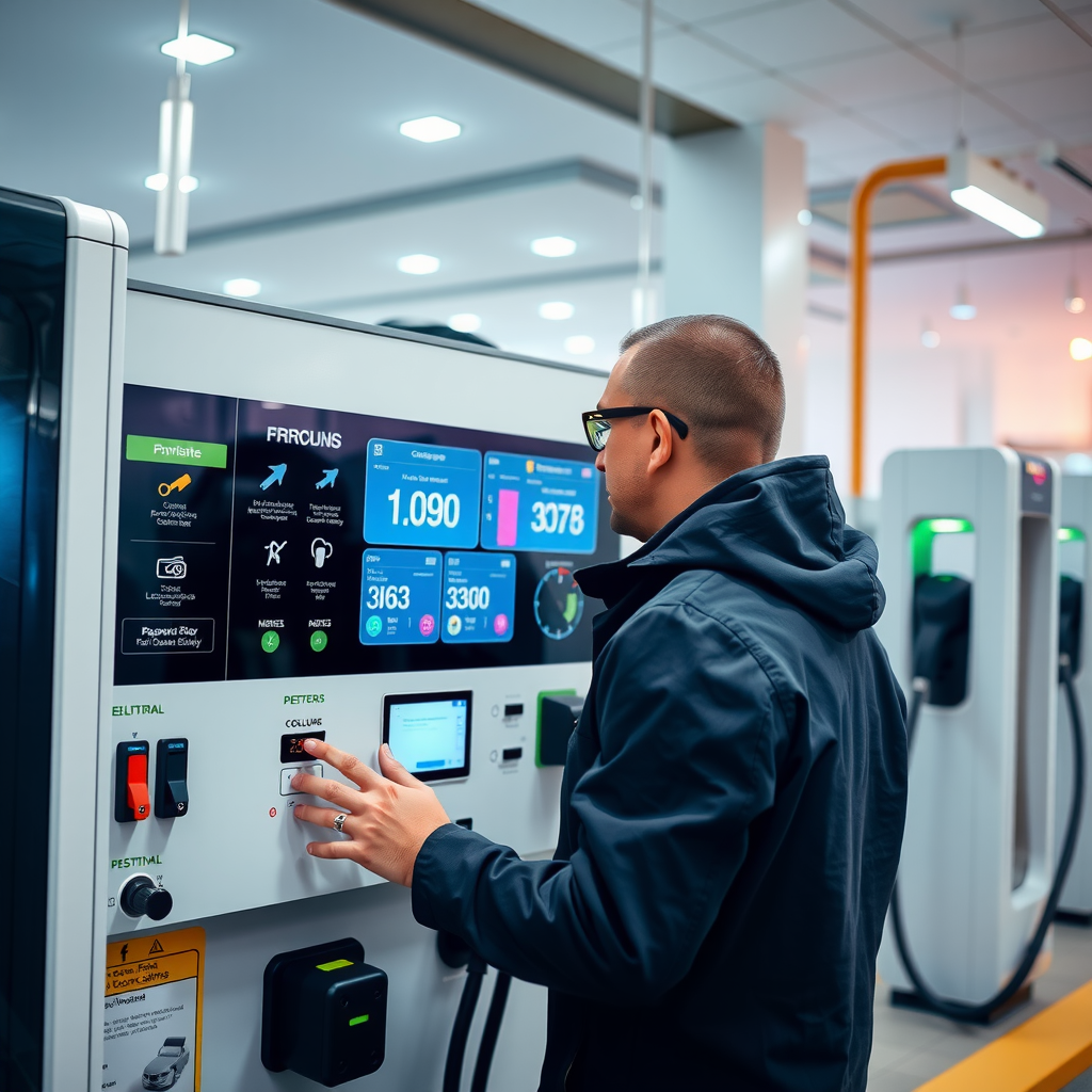 Operador técnico revisando el panel de control de una estación de carga rápida en una electrolinera moderna de Córdoba, con pantallas digitales mostrando datos de consumo y disponibilidad