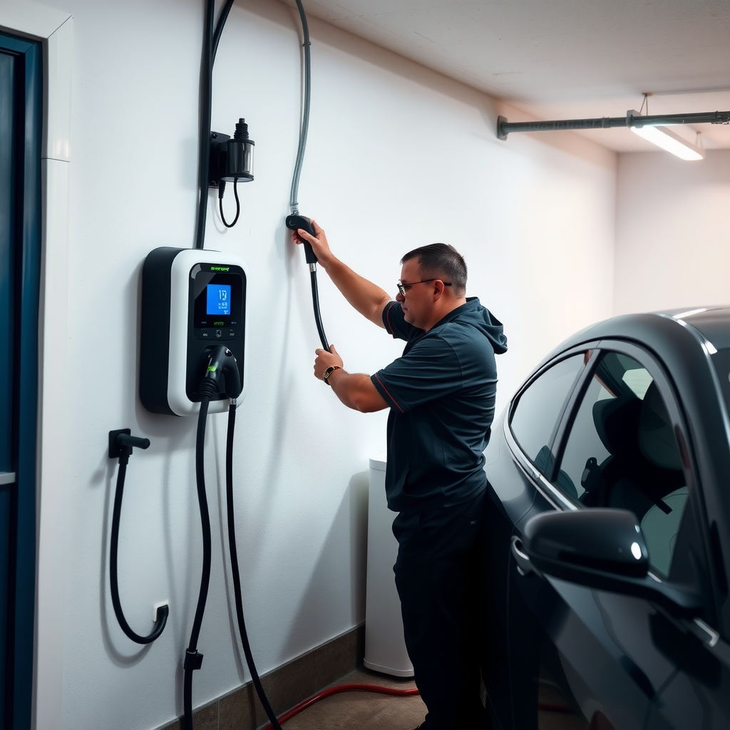 Instalación de cargador doméstico para vehículo eléctrico en garaje residencial argentino, técnico profesional instalando equipo de carga en pared, cables y conectores visibles, ambiente limpio y organizado