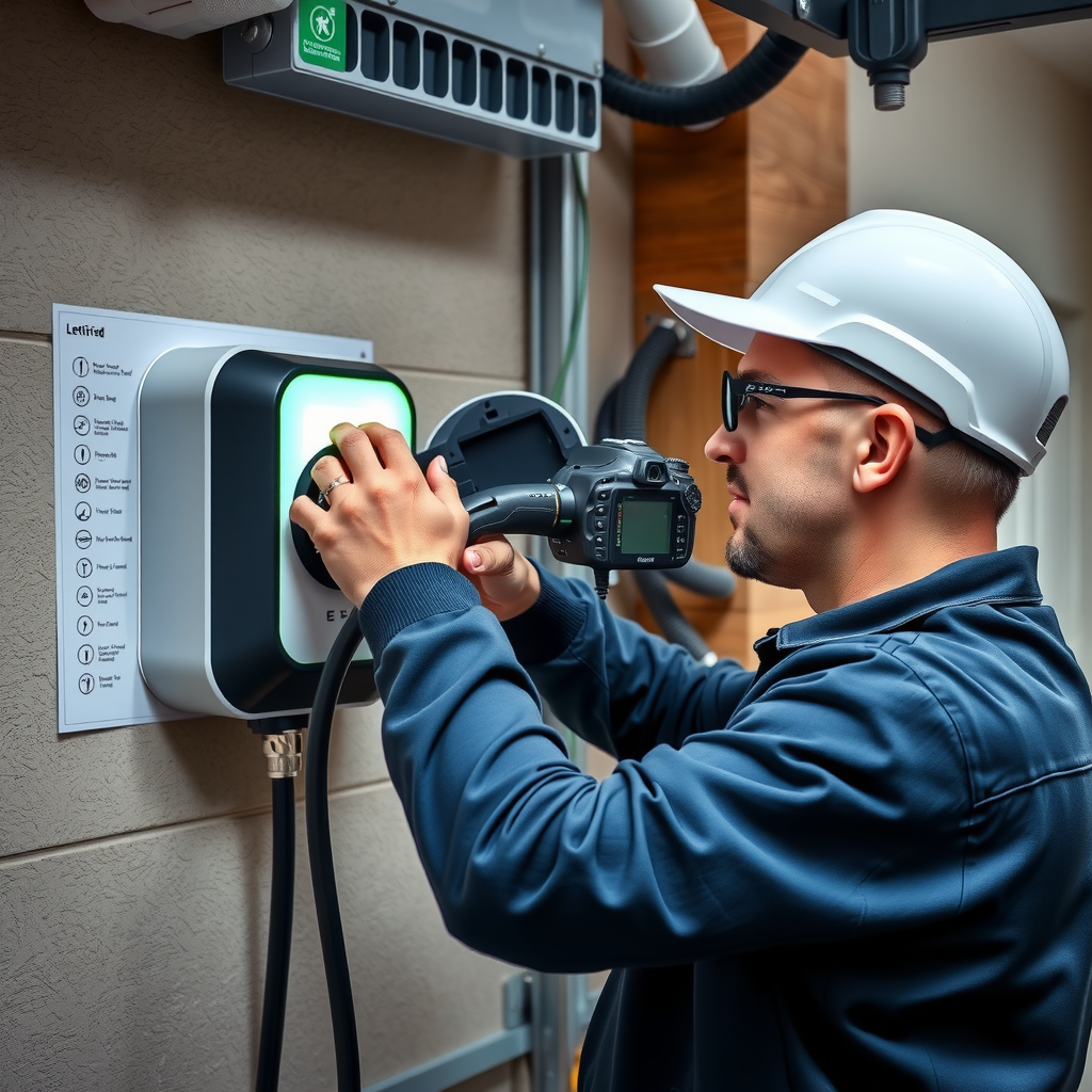 Técnico certificado instalando un cargador doméstico para vehículo eléctrico en una pared de garaje residencial, con herramientas profesionales y diagrama eléctrico visible, mostrando el proceso de instalación segura