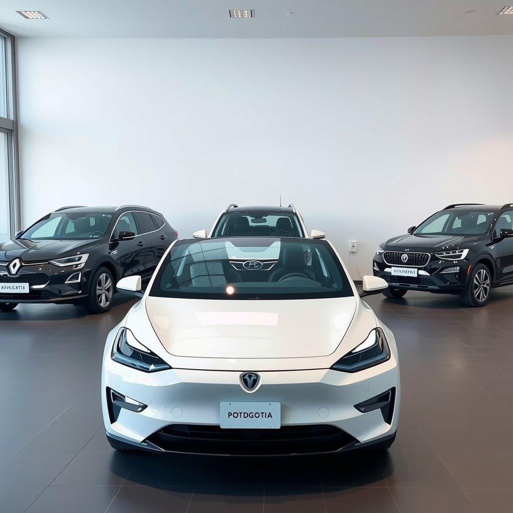 Comparativa visual de cinco vehículos eléctricos populares en Argentina alineados en un showroom moderno, mostrando diferentes tamaños y estilos desde compactos hasta SUV