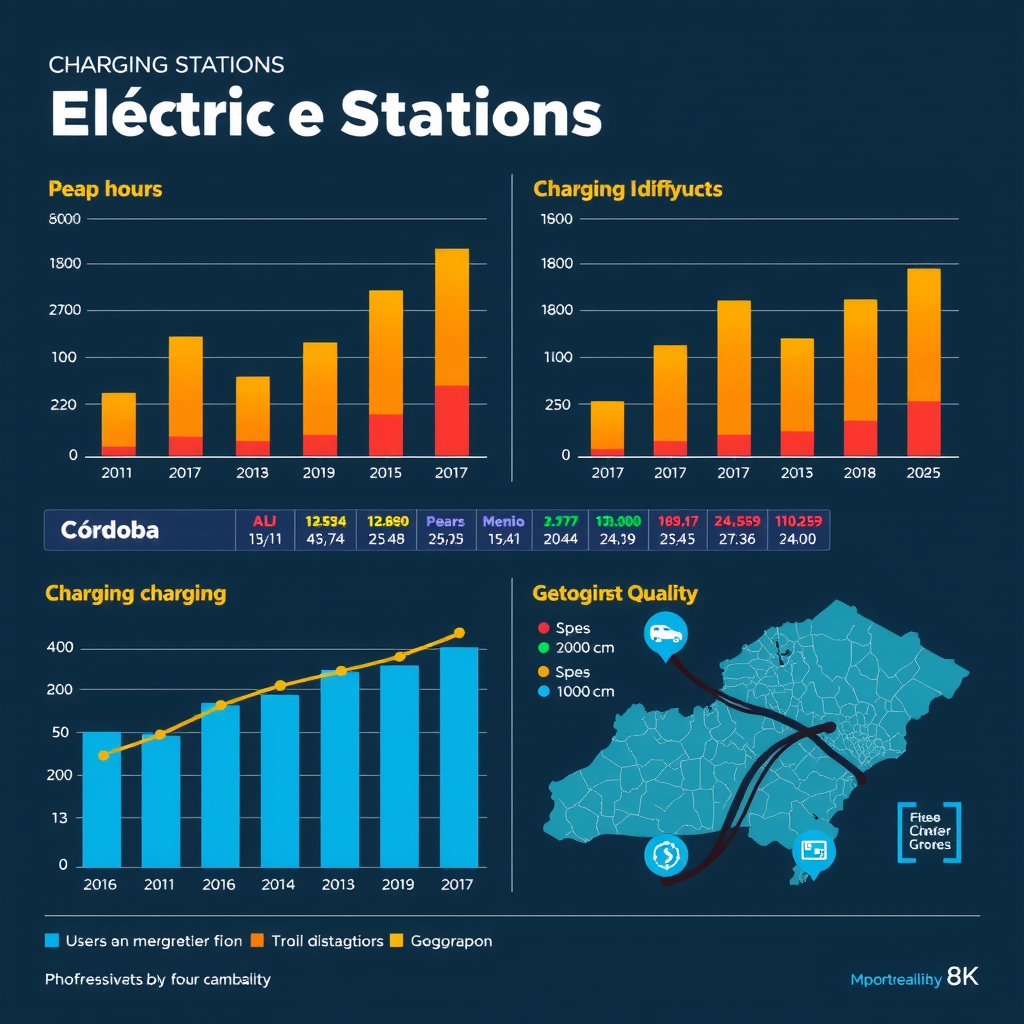 Infografía detallada mostrando gráficos de barras y líneas con estadísticas de uso de electrolineras en Córdoba, incluyendo horarios pico, tipos de carga y distribución geográfica