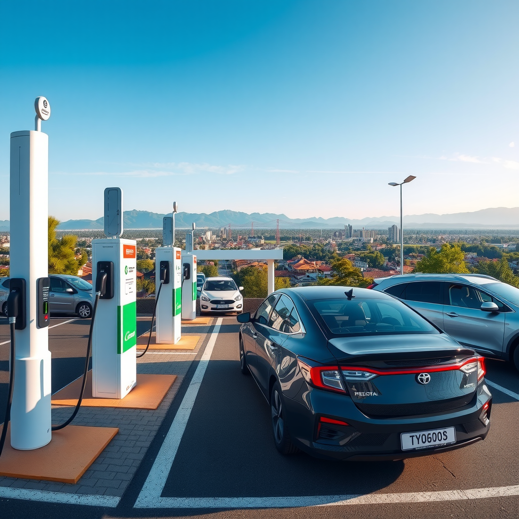 Vista panorámica de una moderna estación de carga para vehículos eléctricos en Córdoba, Argentina, con múltiples puntos de carga activos, vehículos conectados y paisaje urbano de fondo mostrando infraestructura sustentable
