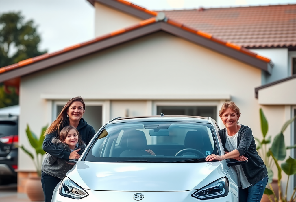Familia argentina sonriente de cuatro personas junto a su vehículo eléctrico nuevo en un entorno residencial moderno, con casa y jardín al fondo, transmitiendo satisfacción y orgullo