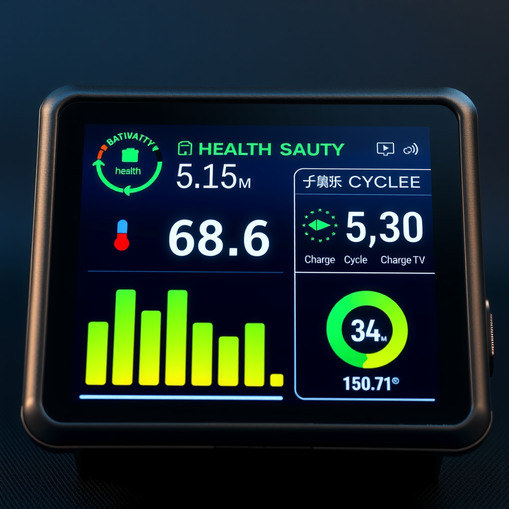 Interfaz digital de monitoreo de batería mostrando estado de salud, capacidad, temperatura y estadísticas de ciclos de carga