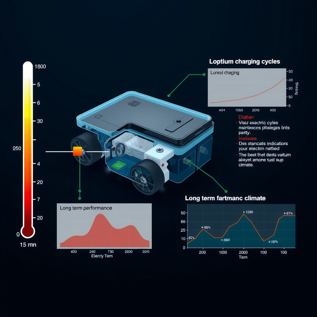 Diagrama técnico ilustrativo de una batería de vehículo eléctrico con indicadores de temperatura, ciclos de carga óptimos y gráficos de rendimiento a largo plazo, mostrando mejores prácticas de mantenimiento en clima argentino
