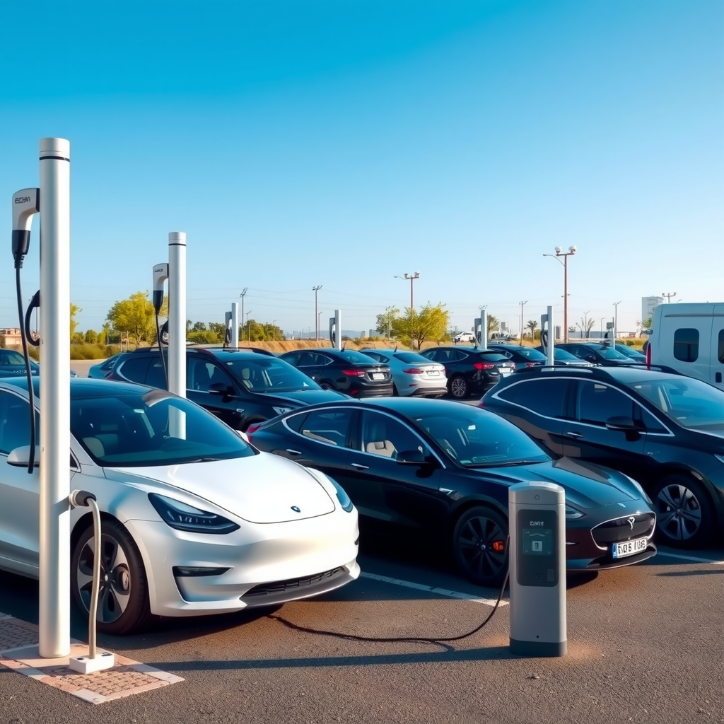 Diversos modelos de vehículos eléctricos estacionados en una electrolinera moderna de Córdoba, incluyendo sedanes, SUVs y vehículos comerciales, todos conectados a puntos de carga con el cielo azul de fondo